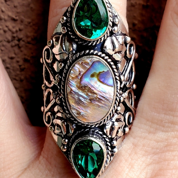 New Abalone Shell & Peridot 925 Silver Statement Ring. - Picture 8 of 16